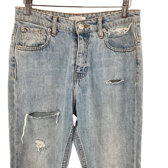 Zara Woman Premium Denim Distressed Jeans Mid-Rise Size 4 Light Wash Cotton - Picture 4 of 10